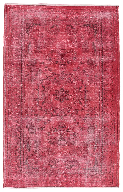 Full overhead view of the red and charcoal vintage Anatolian area rug