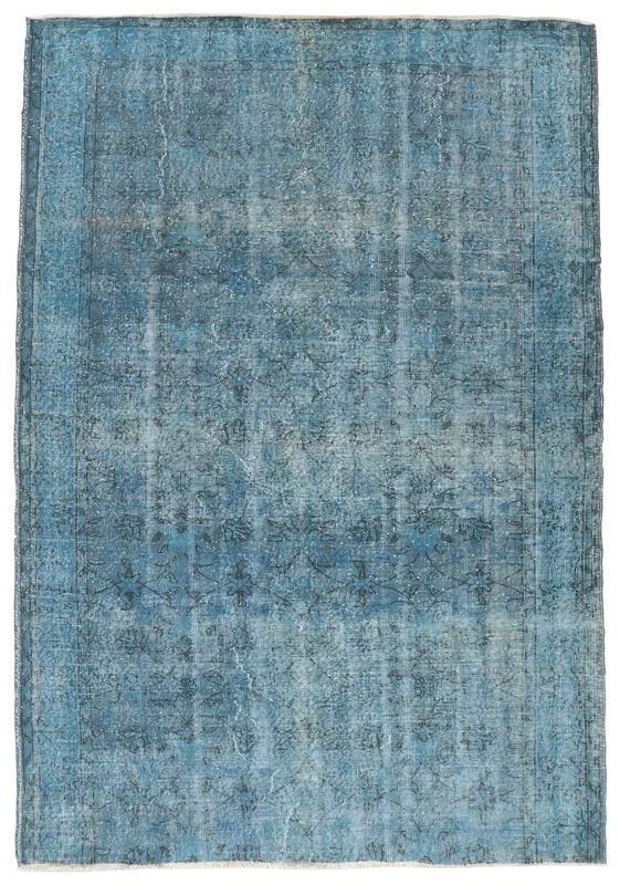 Blue Gray Faded Floral Anatolian Rug, full top view showing its distressed texture and faded patterns.