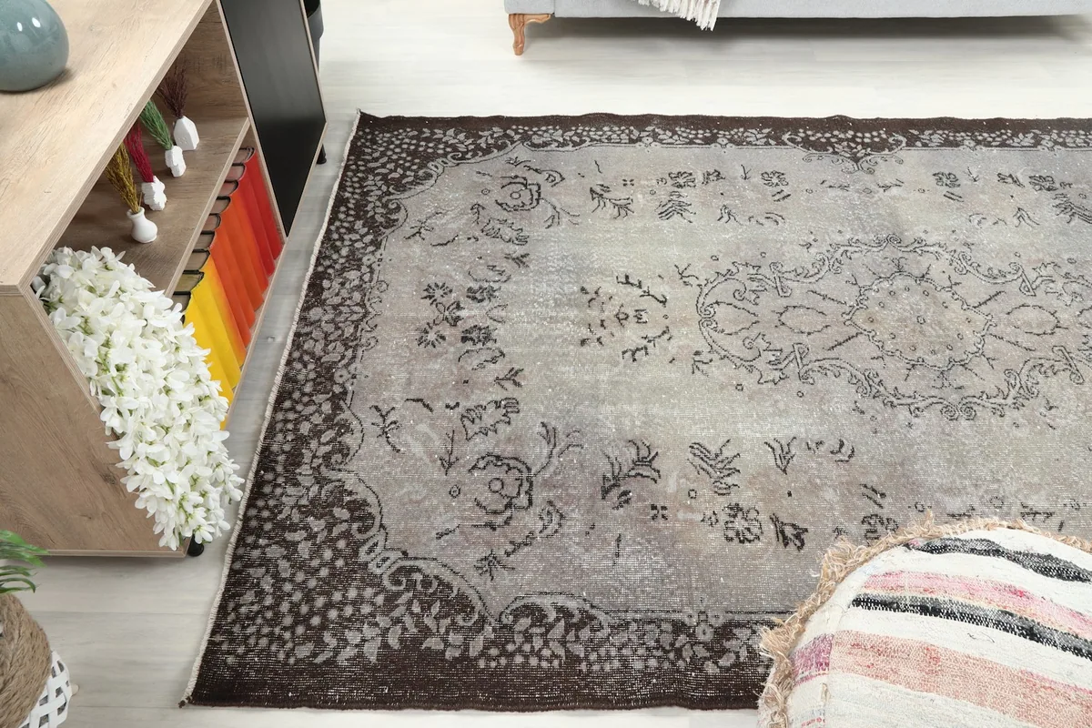View of the rug from another angle in the room, highlighting its size and color