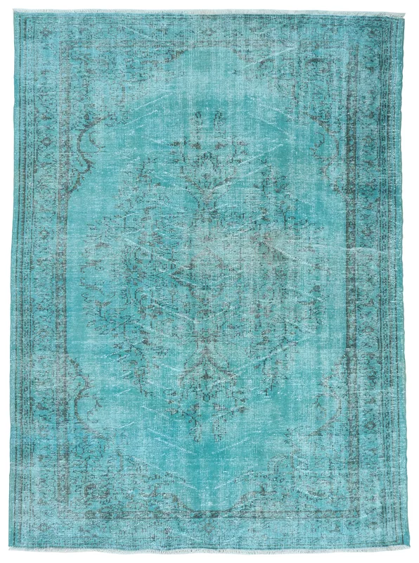 Full top view of the 6'6" x 9'1" blue and charcoal vintage Anatolian rug with a central medallion.