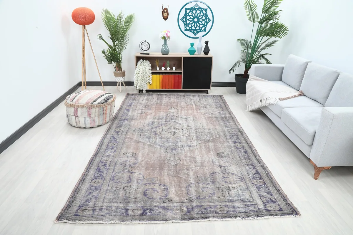 Vintage Anatolian rug in a living room setting with a light gray couch