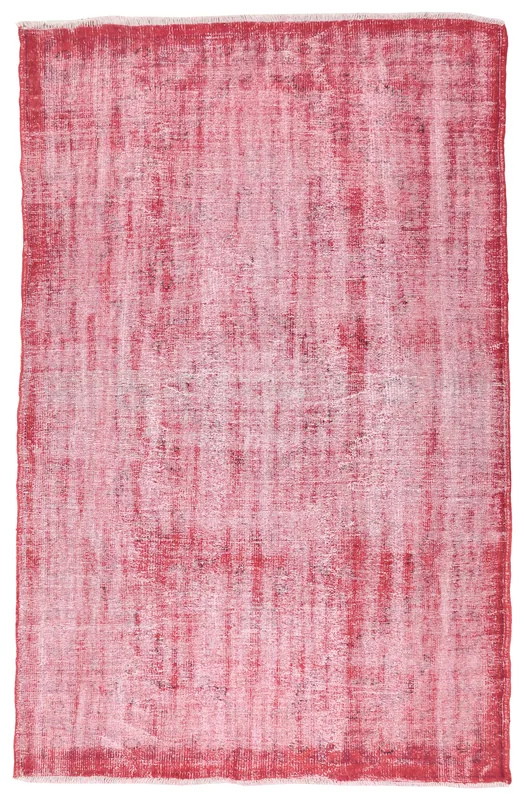 Full overhead view of the 6'2" x 9'5" vintage red and rose distressed Anatolian rug on a white background.