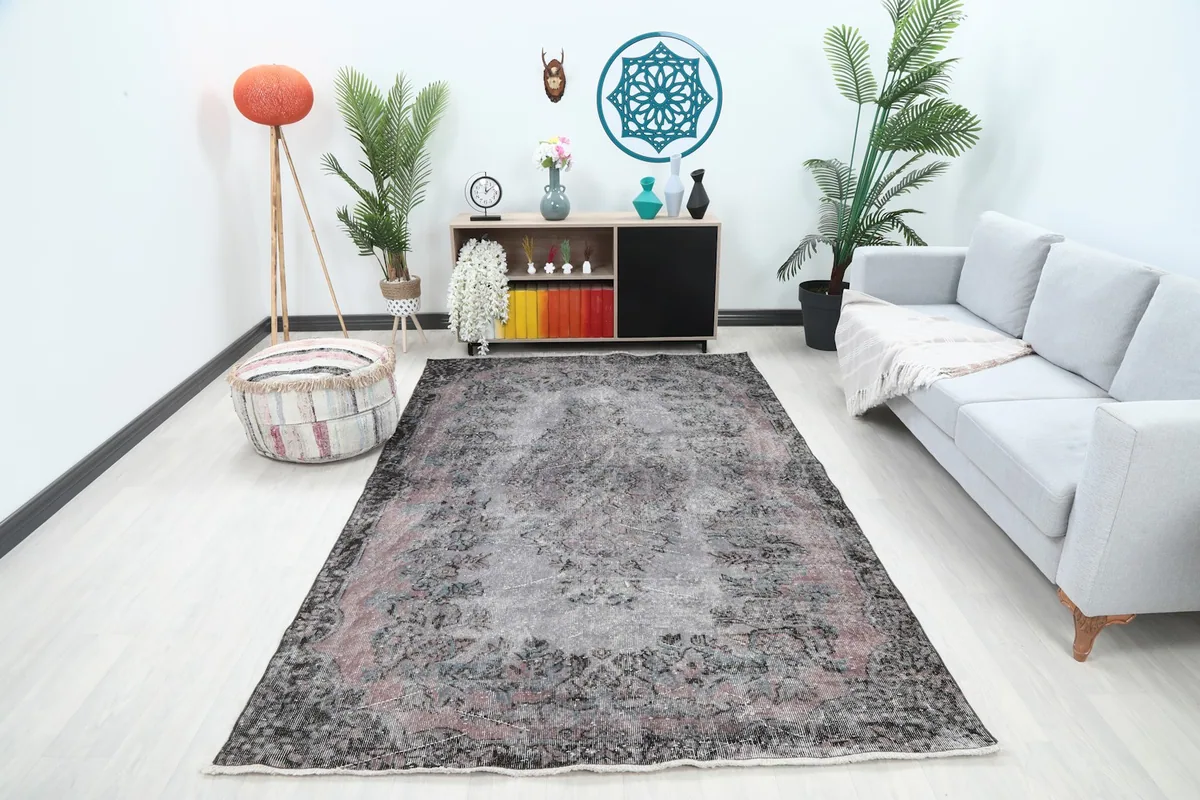 Area rug displayed in a living room setting with a sofa and plants