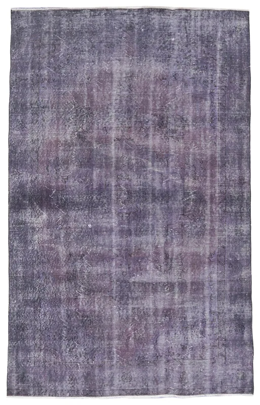 Full overhead view of the 5'5" x 8'8" purple distressed vintage Anatolian rug on a white background.