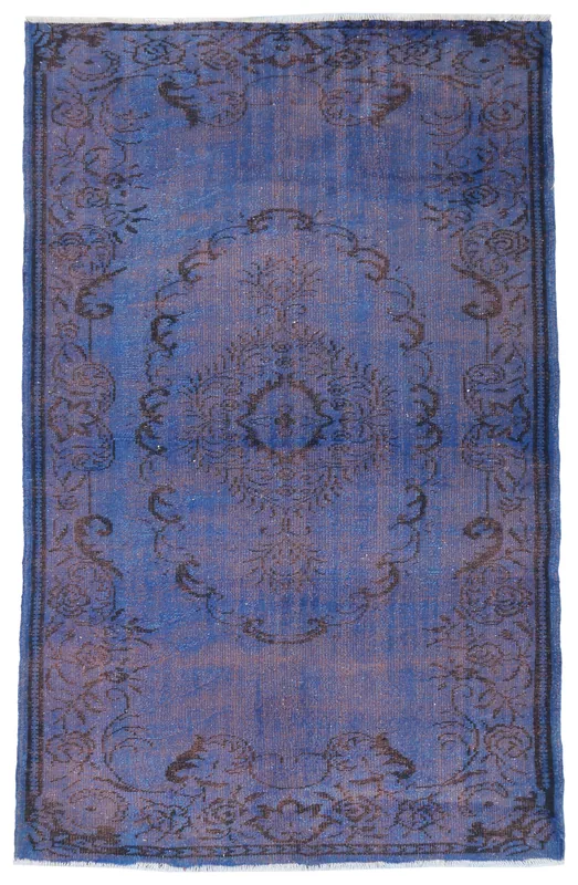 Full top view of the blue distressed vintage Anatolian area rug