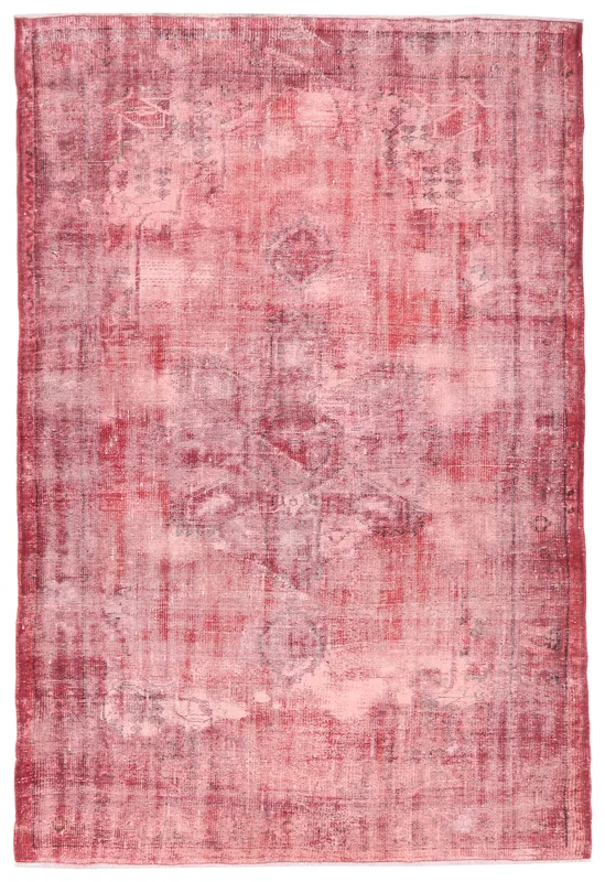 Full top view of the Faded Rose Geometric Vintage Rug, showing its dominant rose and red colors.