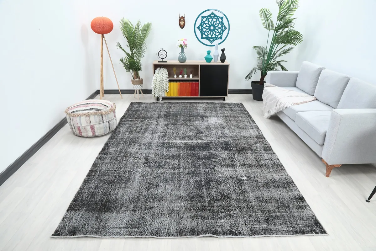 Charcoal and gray rug in a living room setting with a sofa and plants