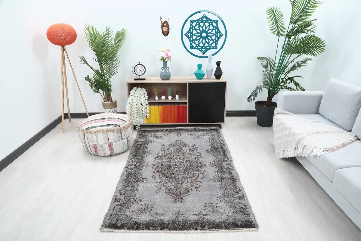 Vintage Anatolian rug displayed in a bright living room setting with a sofa and plants