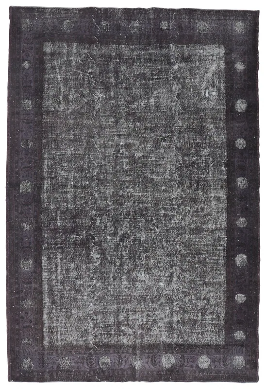 Full top view of the vintage hand-knotted charcoal and gray Anatolian area rug.