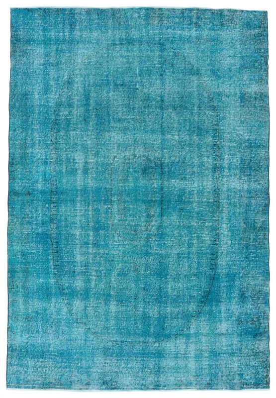 Full top view of the 6'2" x 9'1" blue distressed medallion vintage Anatolian rug