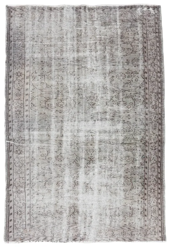 Full overhead view of the gray and charcoal vintage Anatolian area rug