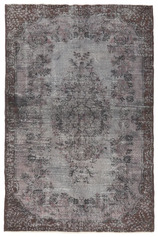 Faded Charcoal Floral Anatolian Rug, full top view