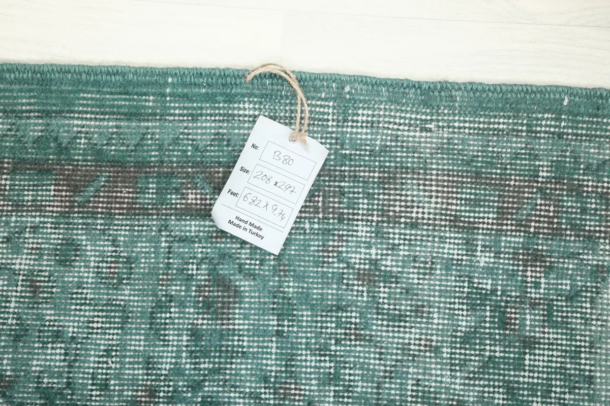Close-up of the rug's edge with a product tag, indicating its origin from Turkey.