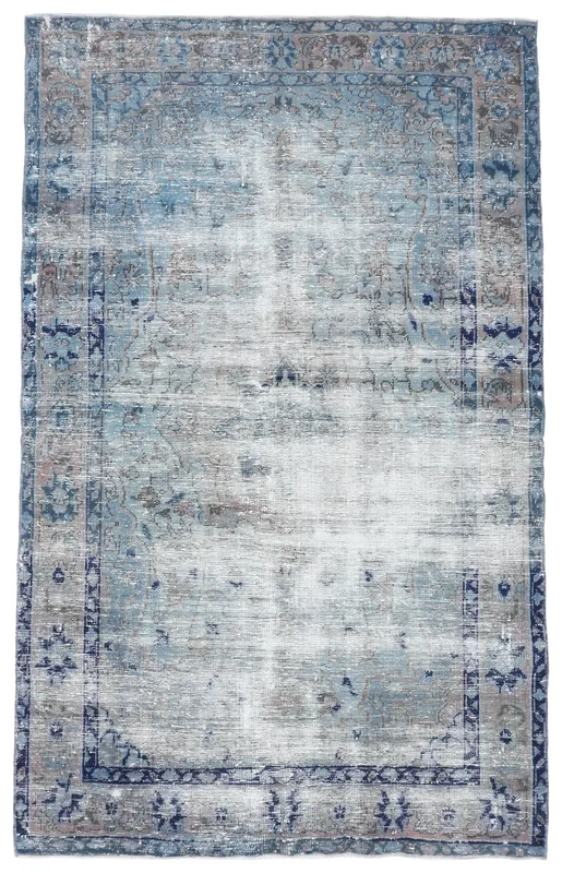 Full overhead view of the 5x9 blue and gray vintage Anatolian rug