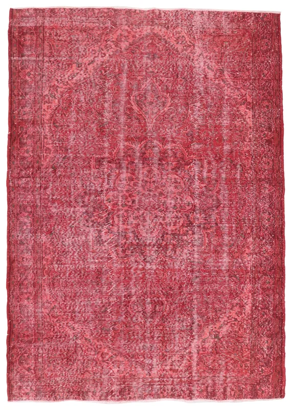 Full top view of the 6'2" x 8'7" red vintage Anatolian area rug on a white background.