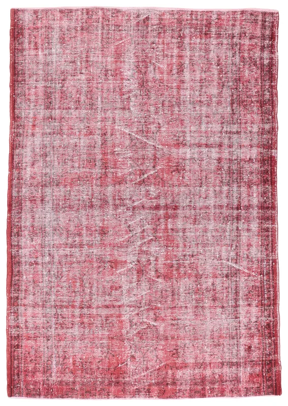 Full overhead view of the red distressed Anatolian vintage wool area rug