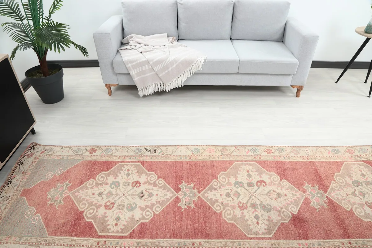 Overhead view of the middle section of the runner rug, highlighting the geometric motifs