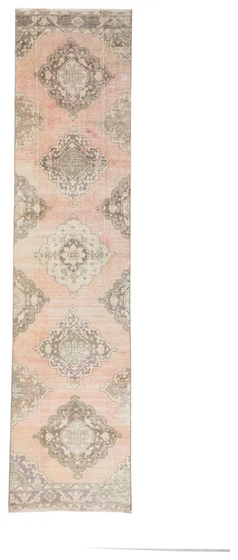Full top view of the 2'10" x 12'6" vintage Anatolian runner rug with rose and gray medallions