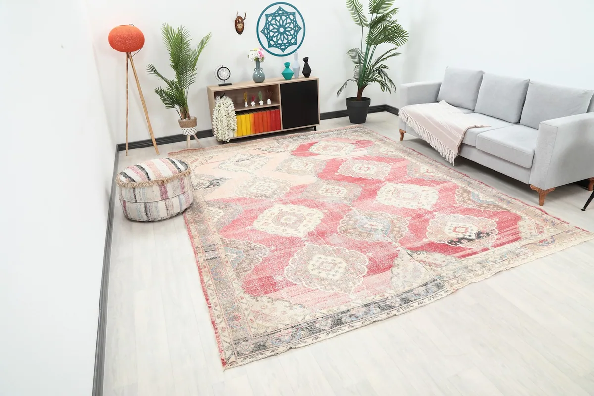 Angle view of the large vintage Anatolian rug in a contemporary living space