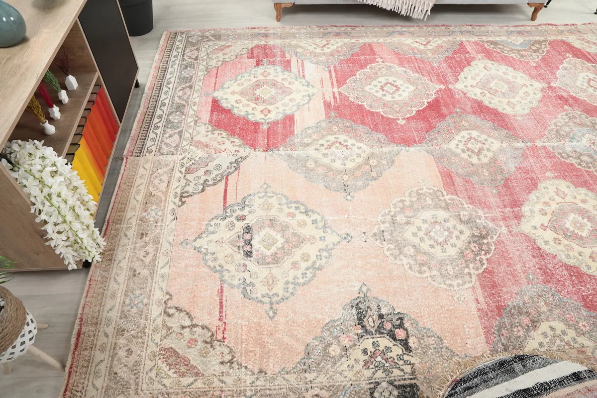 Elevated view of the large area rug showcasing its full pattern and color distribution