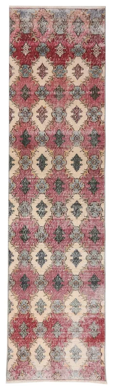 Full overhead view of the 2'3" x 8'10" vintage Anatolian runner with geometric patterns on a white background.