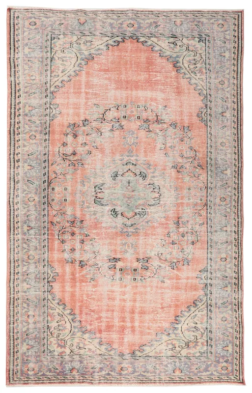 Full overhead view of the 6'2" x 9'5" vintage Anatolian rug with rose field and gray border