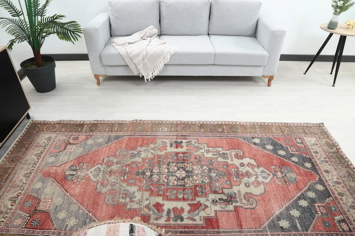 Overhead view of the rug in the room, highlighting the central medallion and overall design.