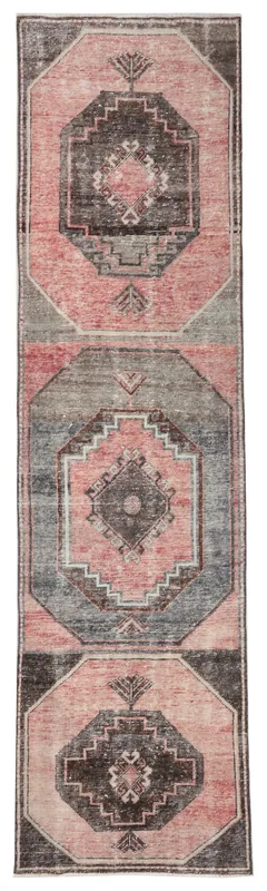 Full top view of the 2'9" x 10'2" rose and gray geometric runner on a white background