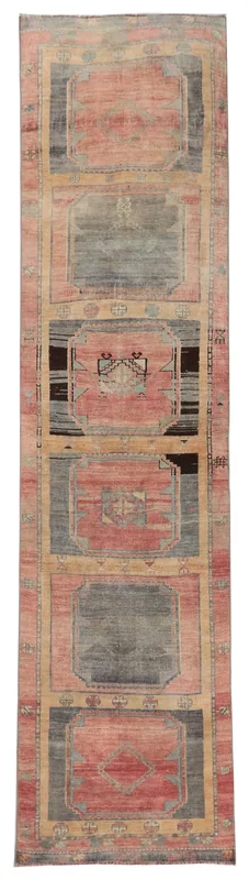 Full top view of the 3'2" x 12'10" vintage Anatolian runner rug with rose and gray geometric patterns