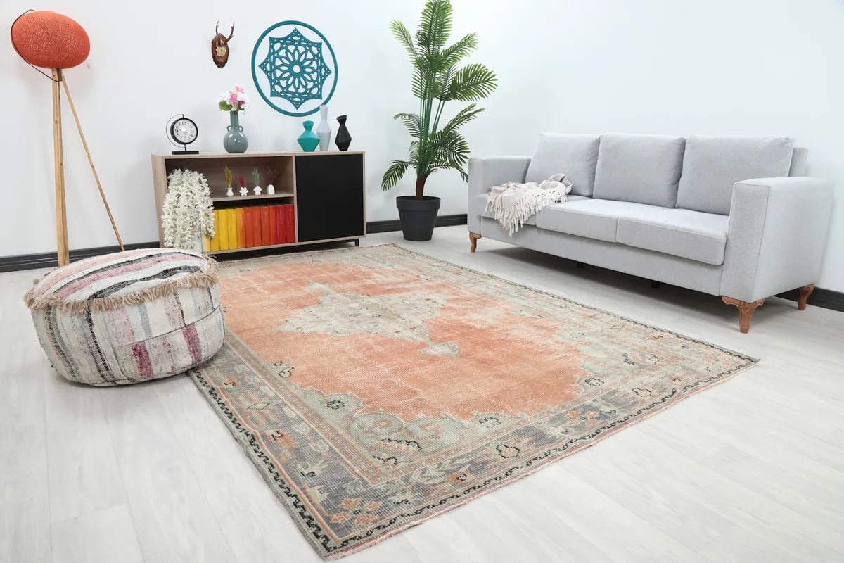 Angle view of the Anatolian rug in a room, showing its placement and scale