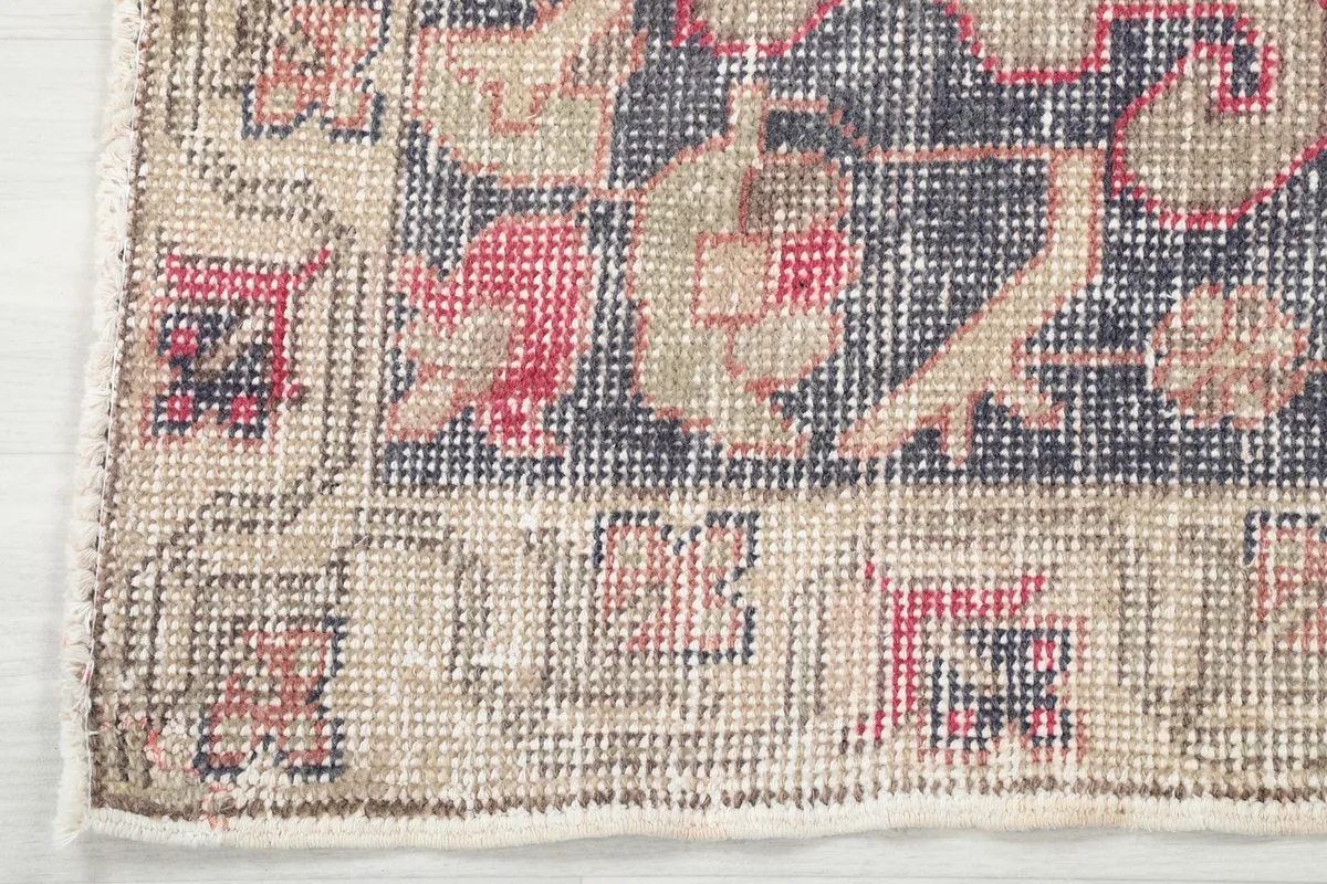 Detail of the rug's beige border with geometric patterns and fringe