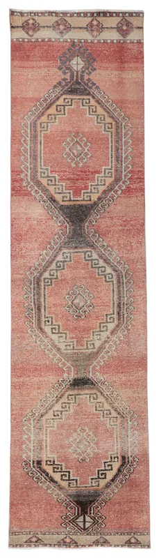 Full top view of the vintage rose and black geometric Anatolian runner rug