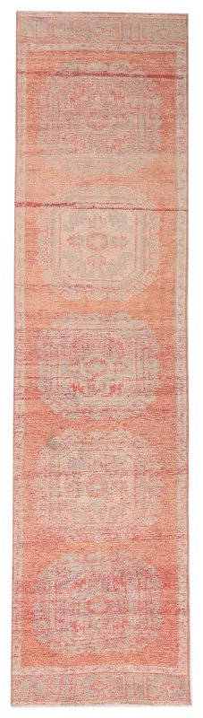 Full overhead view of the 2'8" x 10'11" soft rust vintage Anatolian runner with medallion motifs