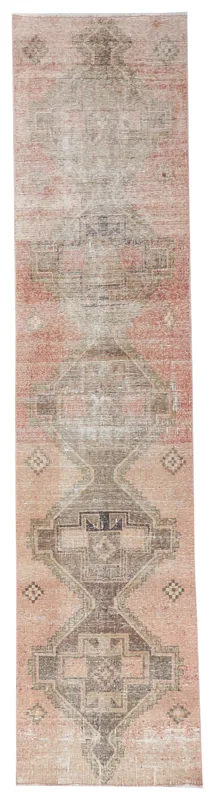 Full top view of the 2'8" x 11'7" rose and gray vintage Anatolian runner rug on a white background.
