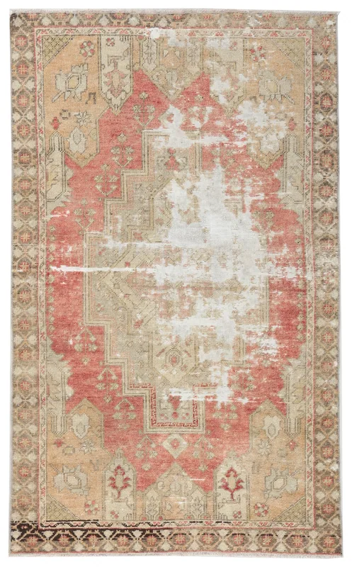 Full top view of the 3'8" x 5'11" rose and beige geometric vintage Anatolian rug