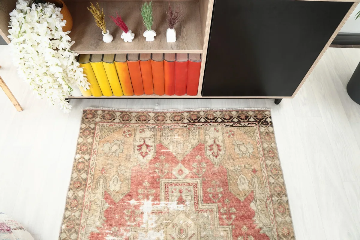 Overhead view of the vintage Anatolian rug showing its placement in a room