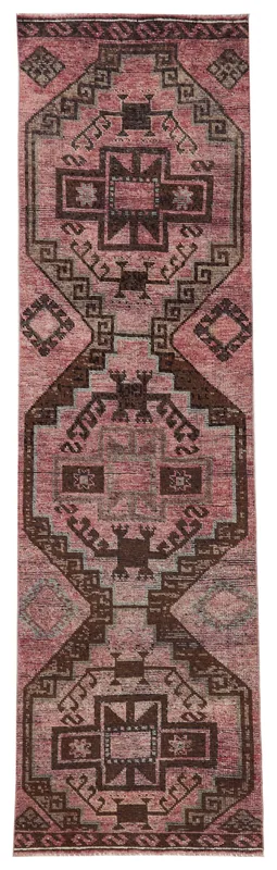 Full overhead view of the rose and brown tribal geometric vintage Anatolian runner rug