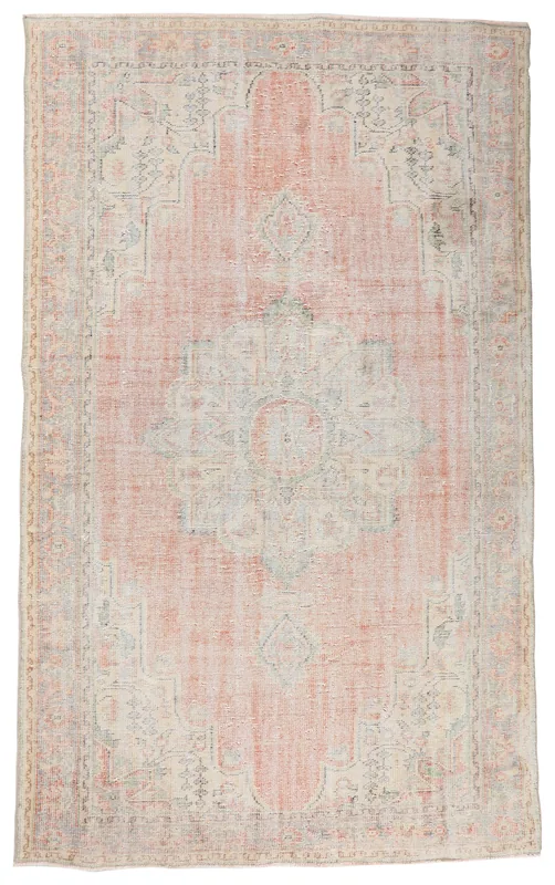 Full overhead view of the 6'1" x 10'2" vintage Anatolian rug with a rose field and central medallion