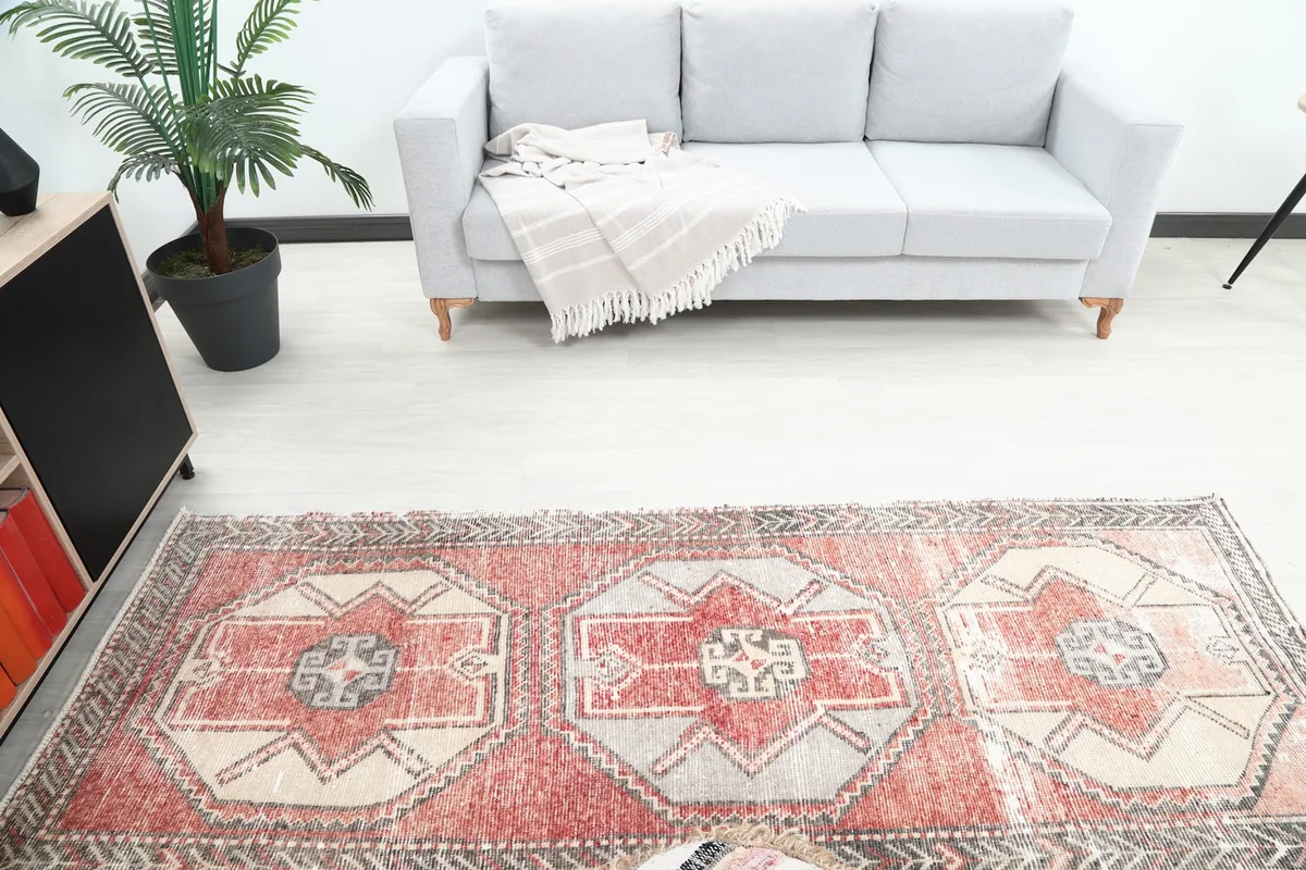 Overhead view of the runner rug in a room, showing its length and pattern