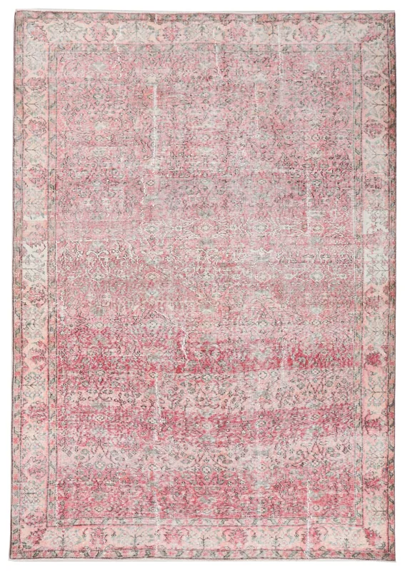 Full top view of a hand-knotted vintage Anatolian rug with rose and cream colors