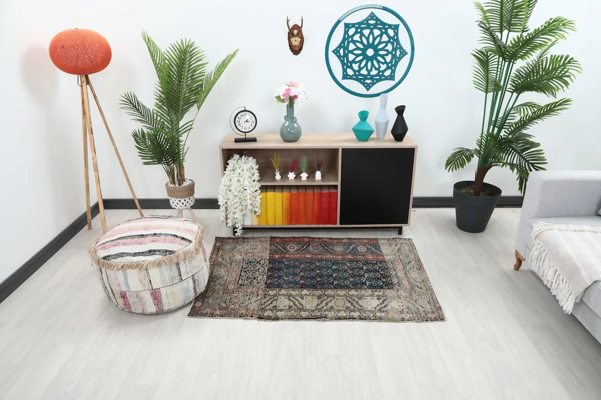 Vintage Anatolian rug in a modern living room setting with plants and a light gray sofa