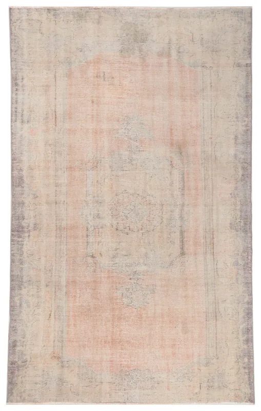 Full overhead view of the vintage pink and gray medallion area rug on a white background