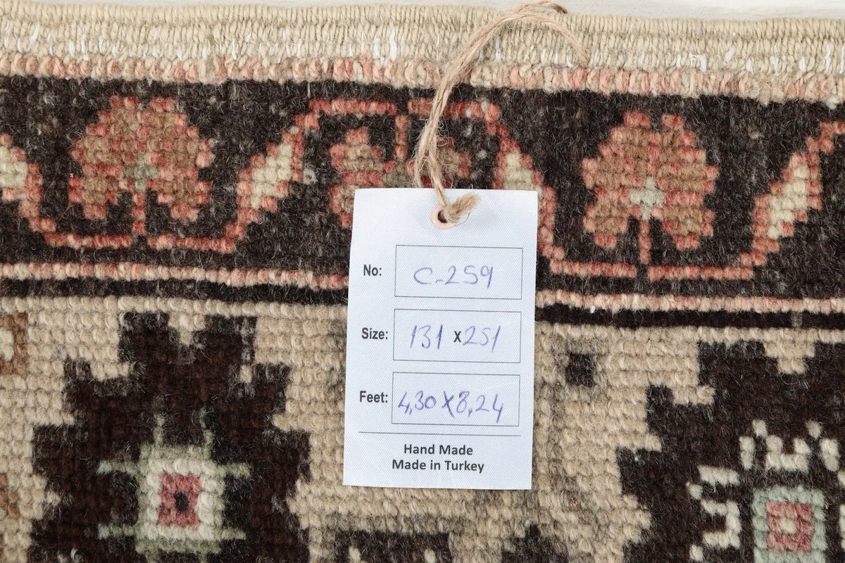 Tag showing the rug's dimensions and origin, confirming it is handmade in Turkey