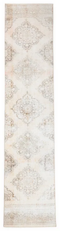 Full overhead view of the 3'0" x 14'0" vintage Anatolian runner with ivory field and medallion patterns.