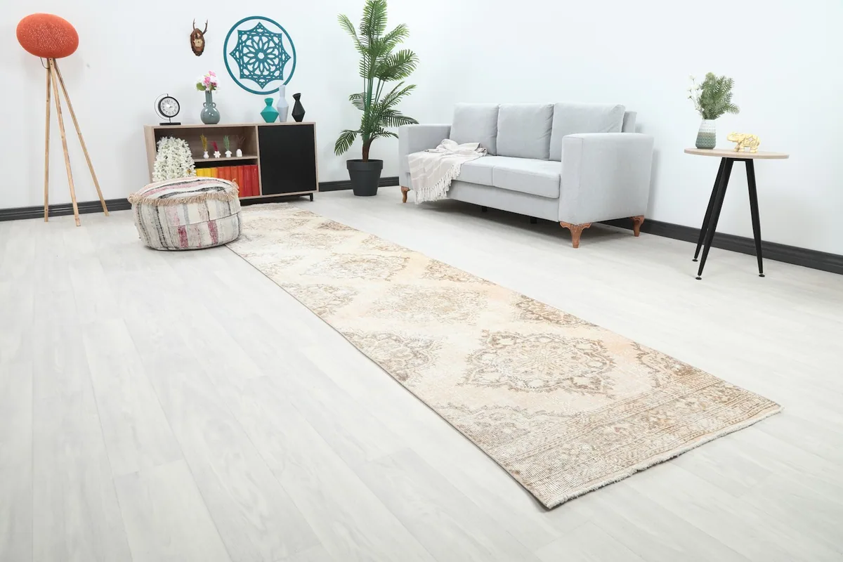 Angled view of the runner in a contemporary living space, highlighting its length and pattern.