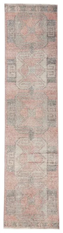Full overhead view of the 2'8" x 11'4" rose and gray geometric vintage runner rug on a white background.