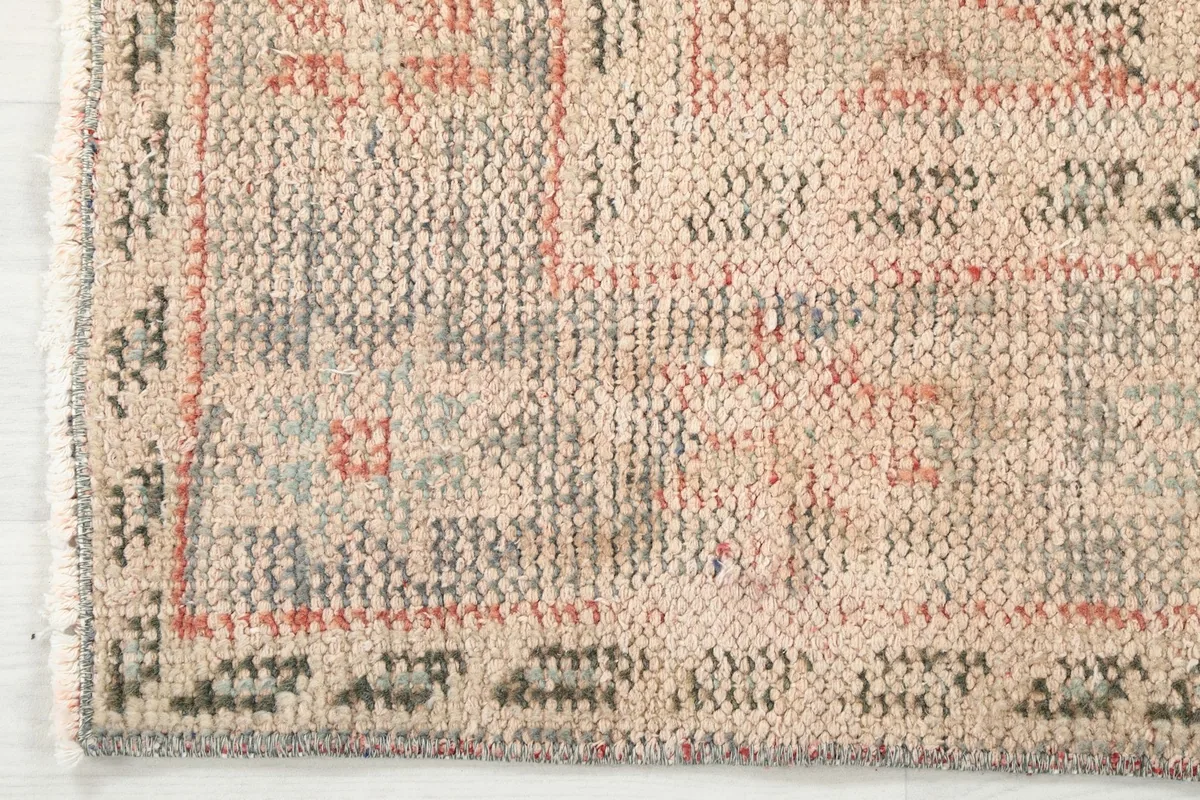 Detailed shot of the rug's border, revealing the intricate geometric patterns and colors.