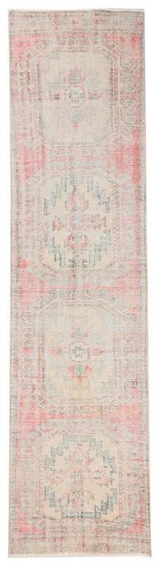 Full top view of the 2'9" x 11'1" vintage runner rug on a white background, showcasing its faded rose field and