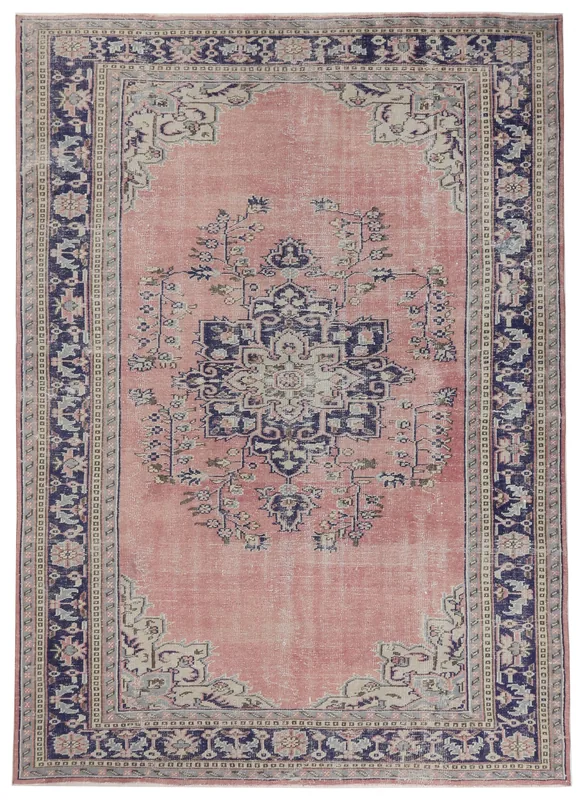 Rose Navy Medallion Anatolian Rug, full top view showing the central medallion and border.