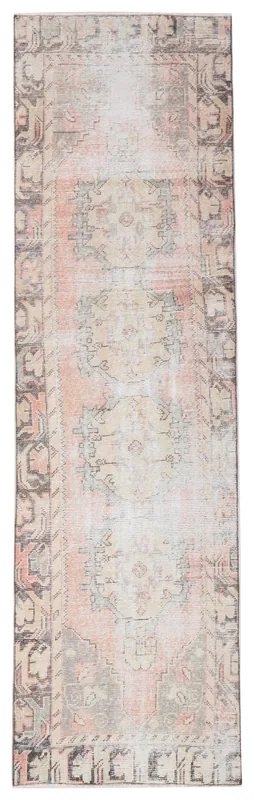 Full top view of the 3x9 rose beige geometric Anatolian runner rug